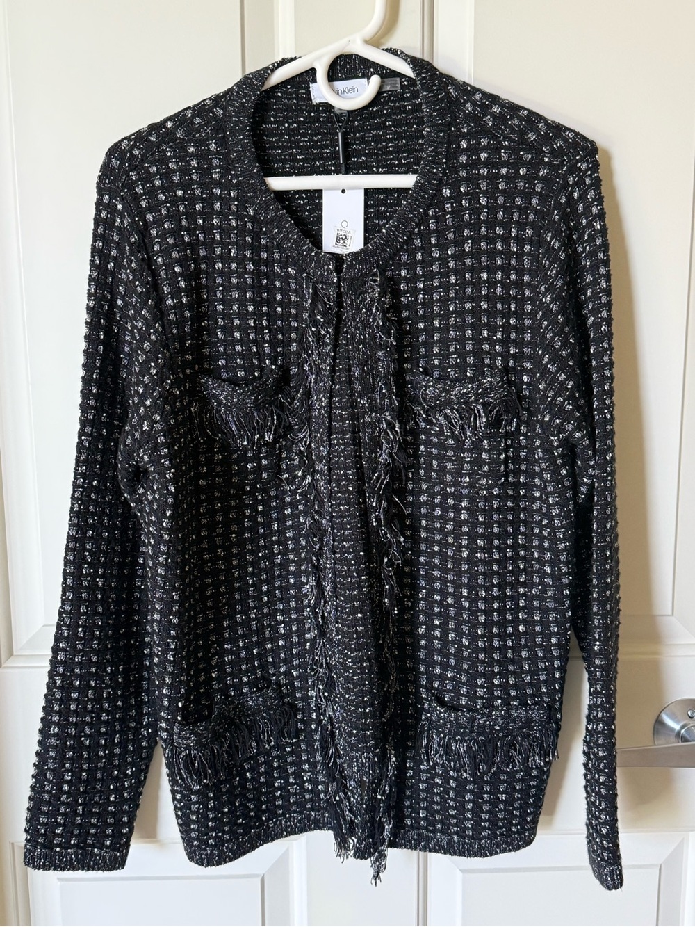 NWT Calvin Klein Black White Tweed Fringe Cardigan Jacket M - Picture 2 of 5
